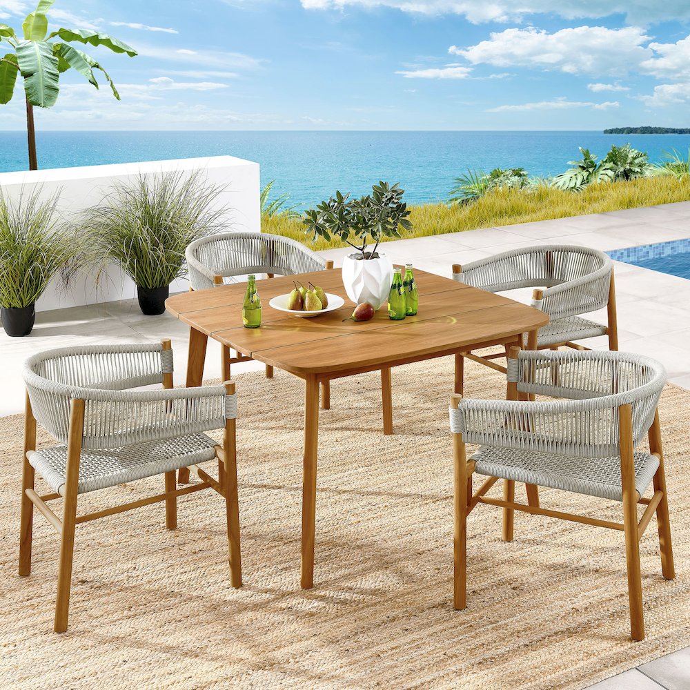 Vienna 5-Piece Outdoor Patio Teak and Rope Dining Set with Curved-Back Armchairs. Picture 11
