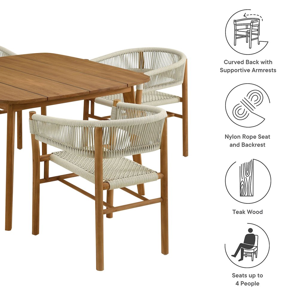 Vienna 5-Piece Outdoor Patio Teak and Rope Dining Set with Curved-Back Armchairs. Picture 4