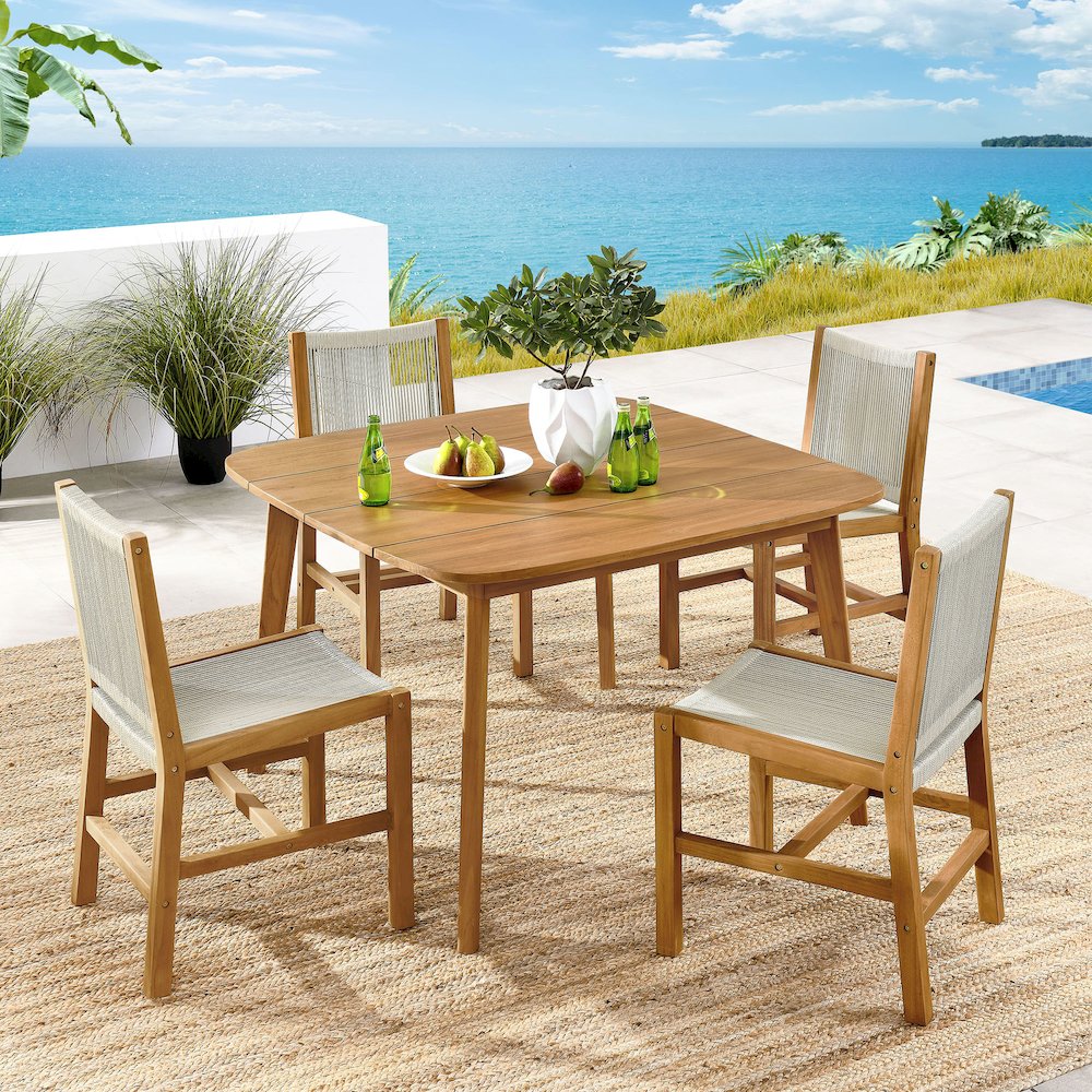 Vienna 5-Piece Outdoor Patio Teak and Rope Dining Set with Armless Chairs. Picture 11