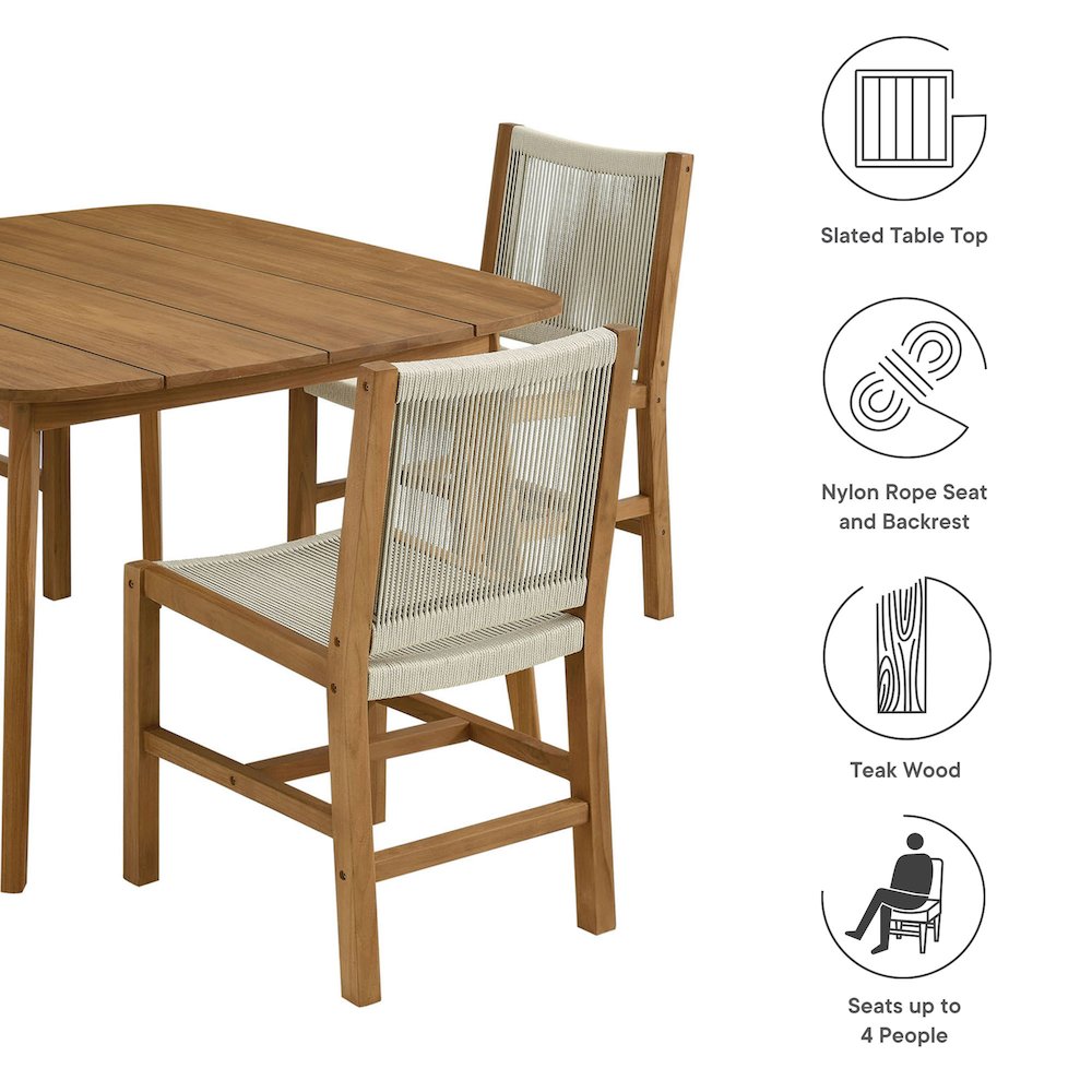 Vienna 5-Piece Outdoor Patio Teak and Rope Dining Set with Armless Chairs. Picture 4