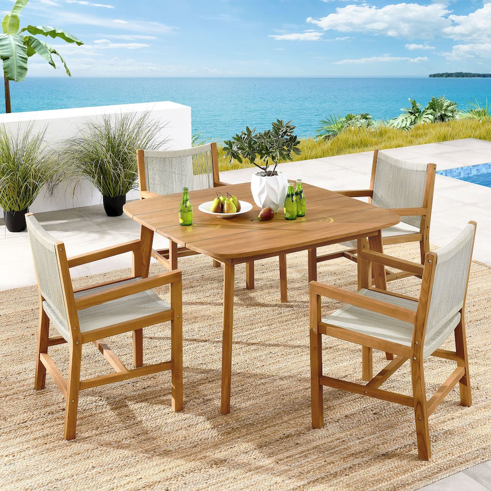 Vienna 5-Piece Outdoor Patio Teak and Rope Dining Set with Armchairs. Picture 11