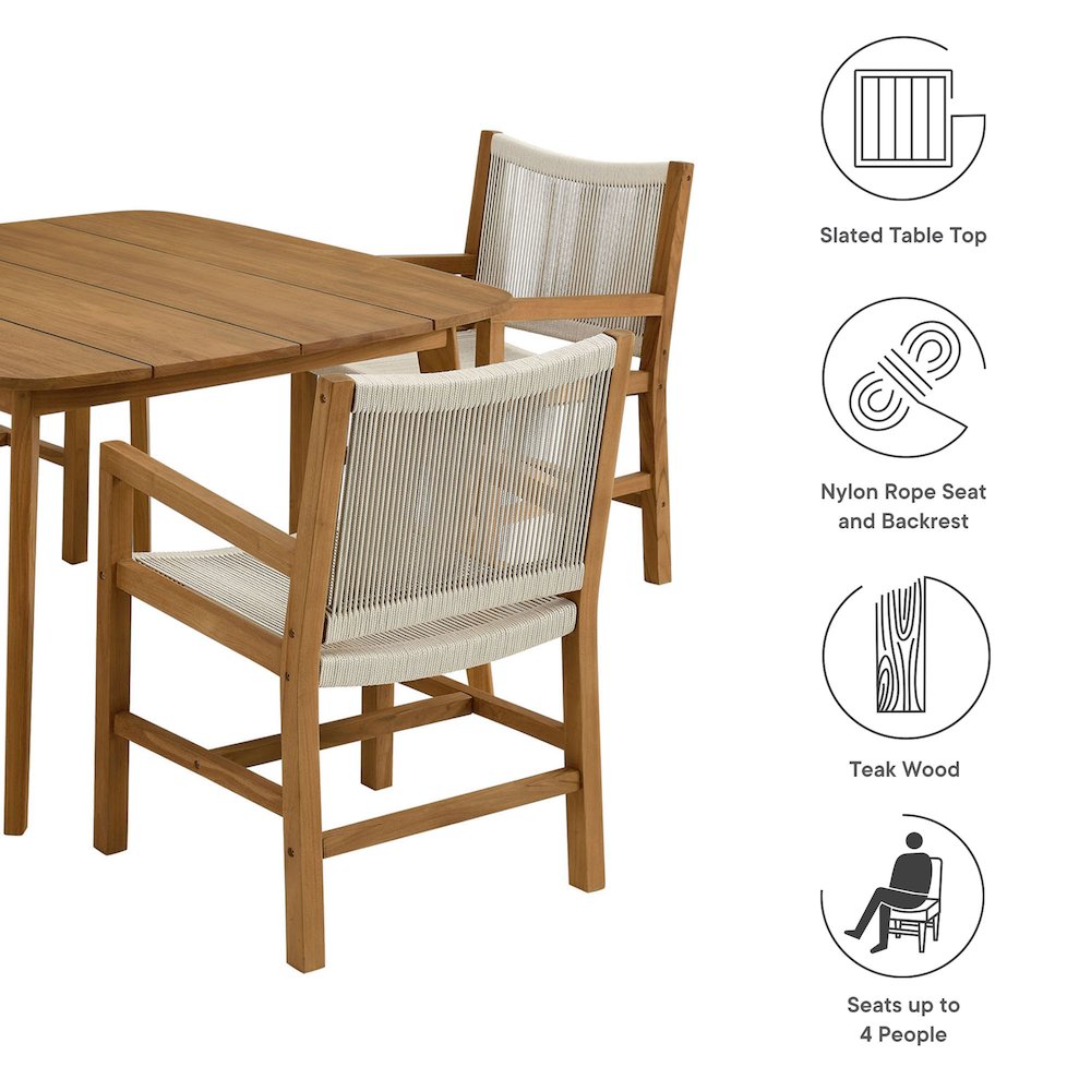 Vienna 5-Piece Outdoor Patio Teak and Rope Dining Set with Armchairs. Picture 4
