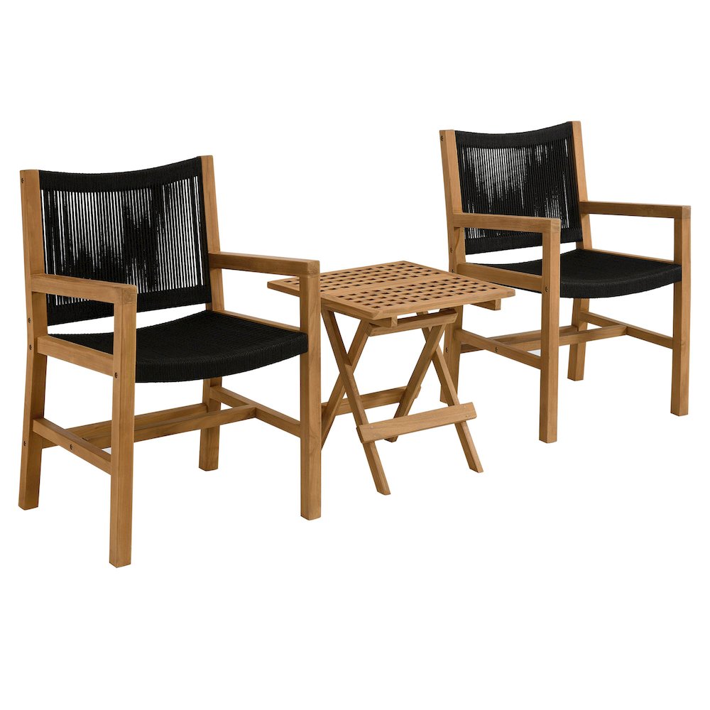 Vienna 3-Piece Outdoor Patio Teak and Rope Armchairs with Folding Side Table. Picture 1