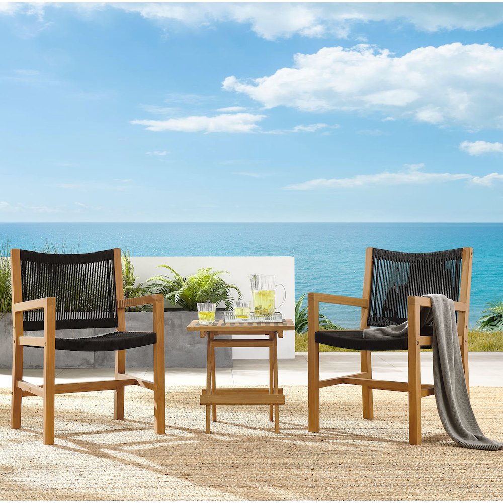 Vienna 3-Piece Outdoor Patio Teak and Rope Armchairs with Folding Side Table. Picture 11