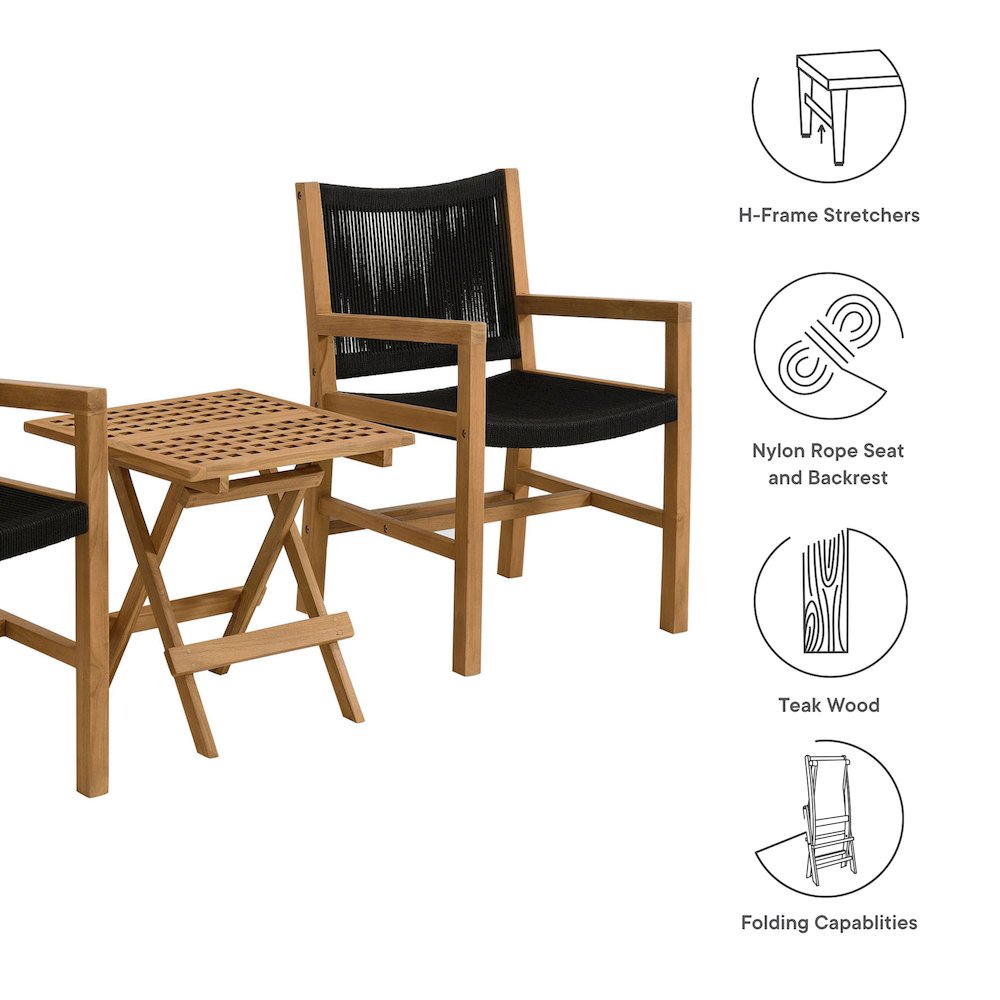 Vienna 3-Piece Outdoor Patio Teak and Rope Armchairs with Folding Side Table. Picture 4