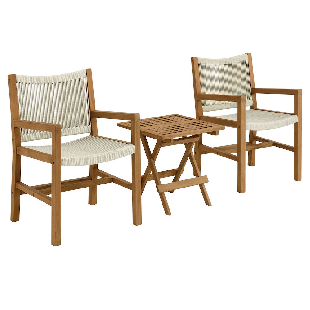 Vienna 3-Piece Outdoor Patio Teak and Rope Armchairs with Folding Side Table. Picture 1
