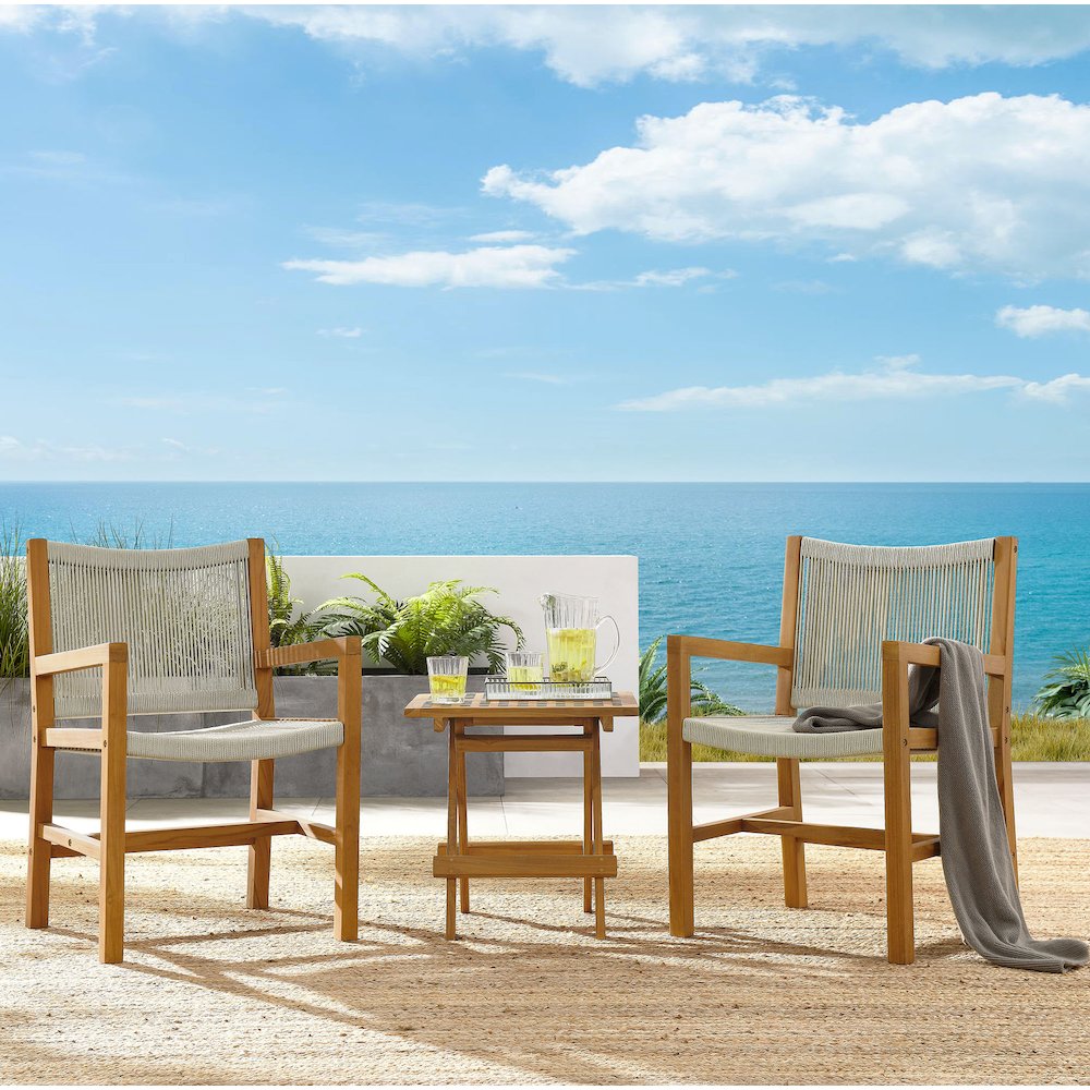 Vienna 3-Piece Outdoor Patio Teak and Rope Armchairs with Folding Side Table. Picture 11