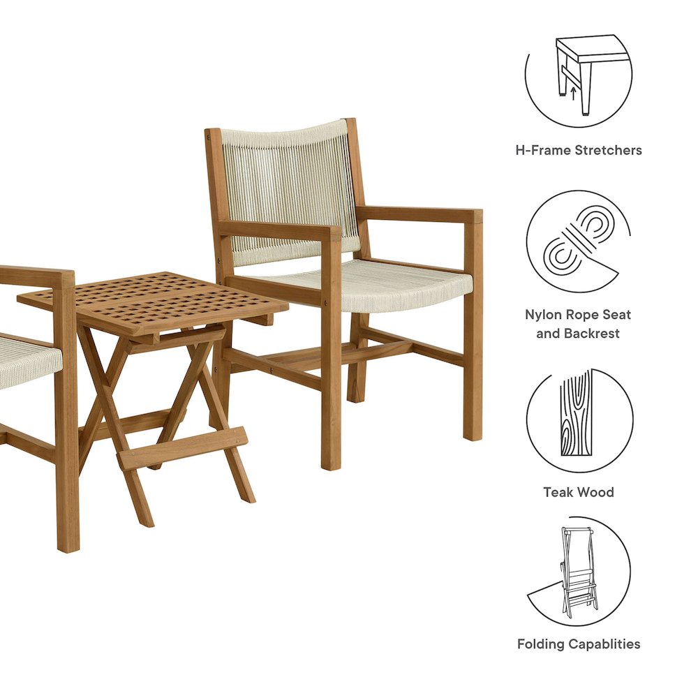 Vienna 3-Piece Outdoor Patio Teak and Rope Armchairs with Folding Side Table. Picture 4