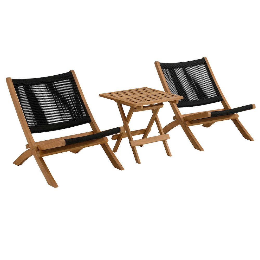 Vienna 3-Piece Outdoor Patio Teak and Rope Folding Lounge Chairs and Side Table. Picture 1