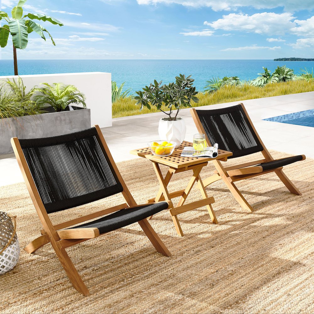Vienna 3-Piece Outdoor Patio Teak and Rope Folding Lounge Chairs and Side Table. Picture 11