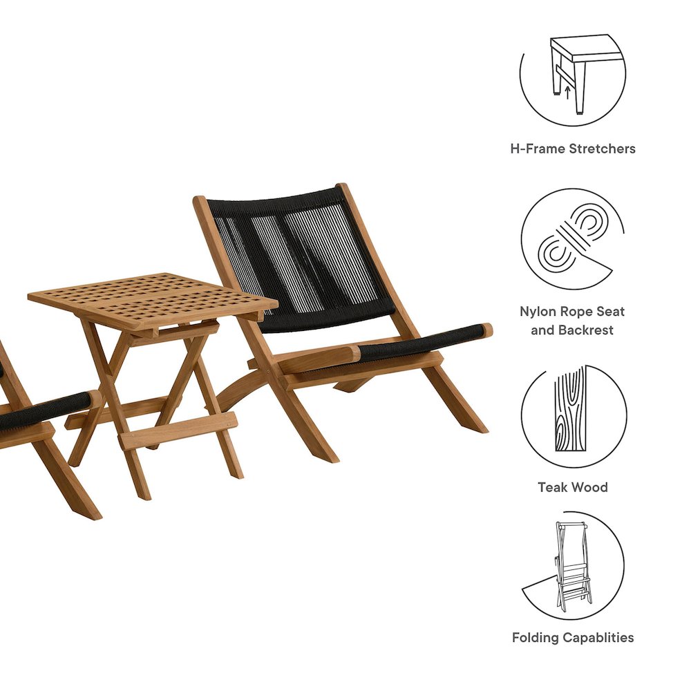 Vienna 3-Piece Outdoor Patio Teak and Rope Folding Lounge Chairs and Side Table. Picture 4