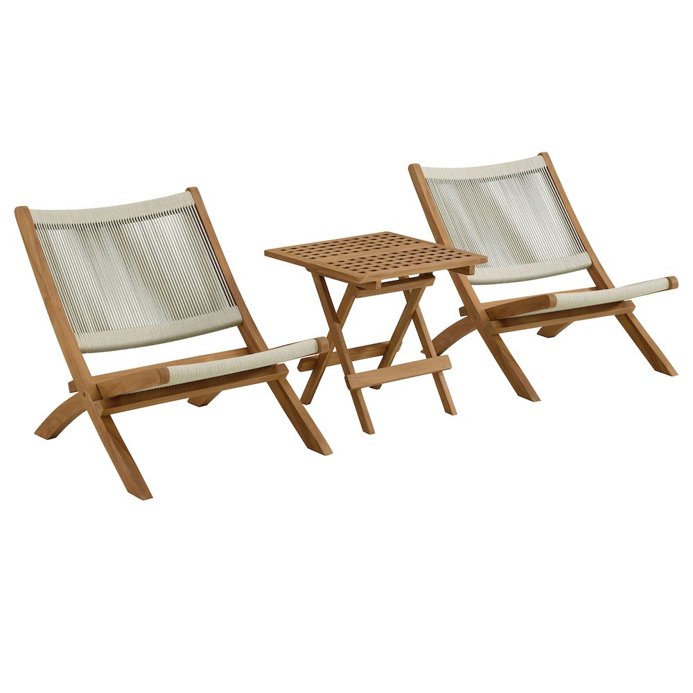 Vienna 3-Piece Outdoor Patio Teak and Rope Folding Lounge Chairs and Side Table. Picture 1