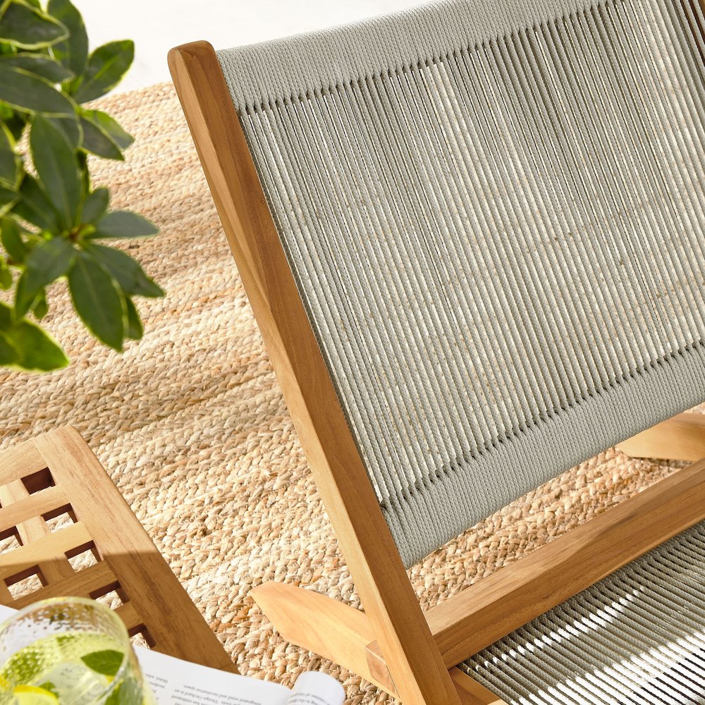 Vienna 3-Piece Outdoor Patio Teak and Rope Folding Lounge Chairs and Side Table. Picture 12