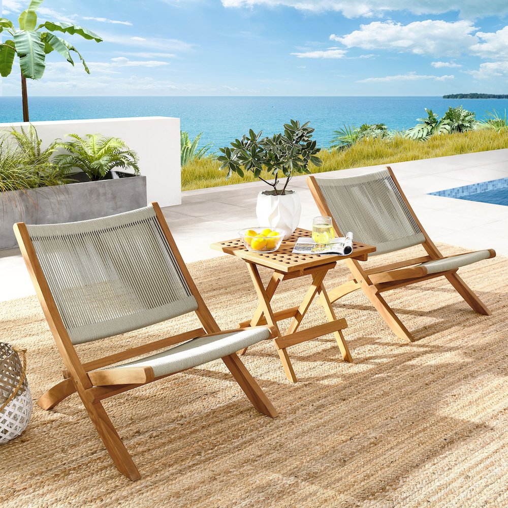 Vienna 3-Piece Outdoor Patio Teak and Rope Folding Lounge Chairs and Side Table. Picture 11