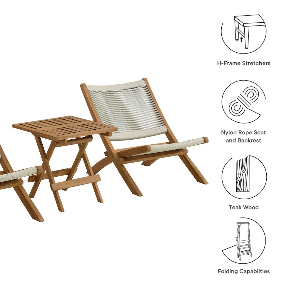 Vienna 3-Piece Outdoor Patio Teak and Rope Folding Lounge Chairs and Side Table. Picture 4
