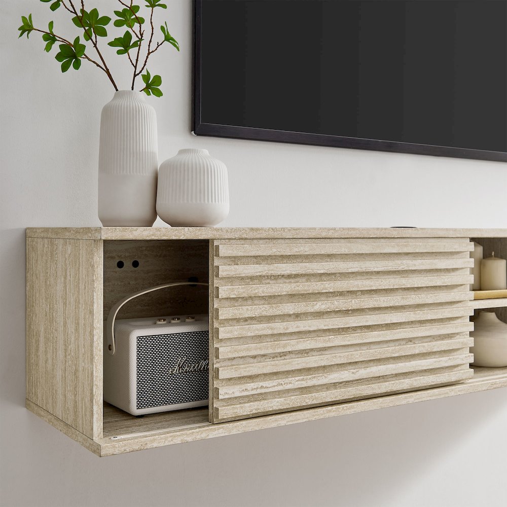 Render 70" Faux Travertine Wall-Mount Media Console TV Stand. Picture 9