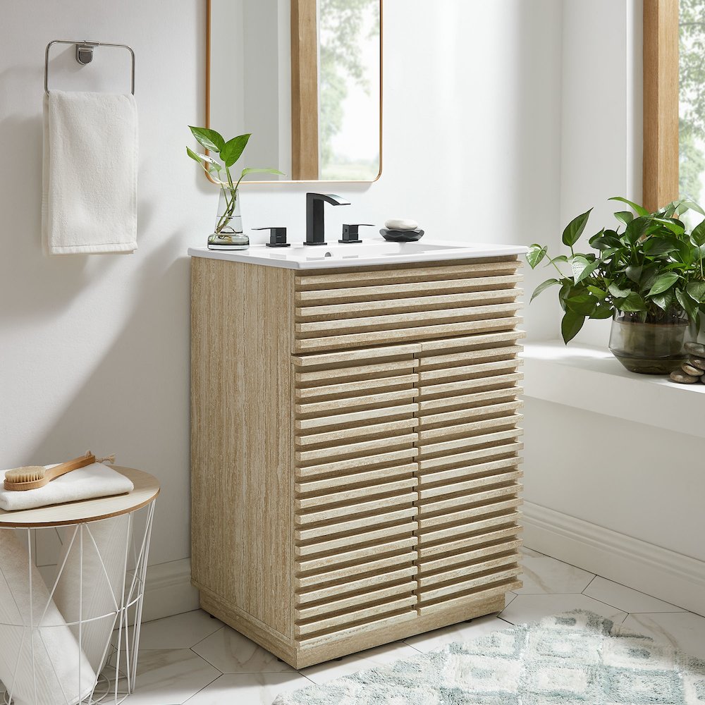 Render 24" Faux Travertine Bathroom Vanity Cabinet (Sink Not Included). Picture 9