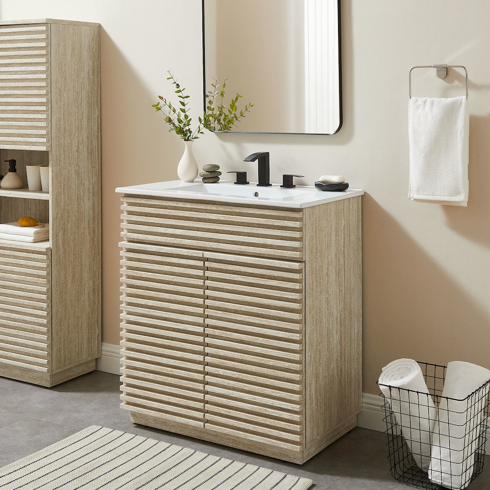 Render 30" Faux Travertine Bathroom Vanity Cabinet (Sink Not Included). Picture 9