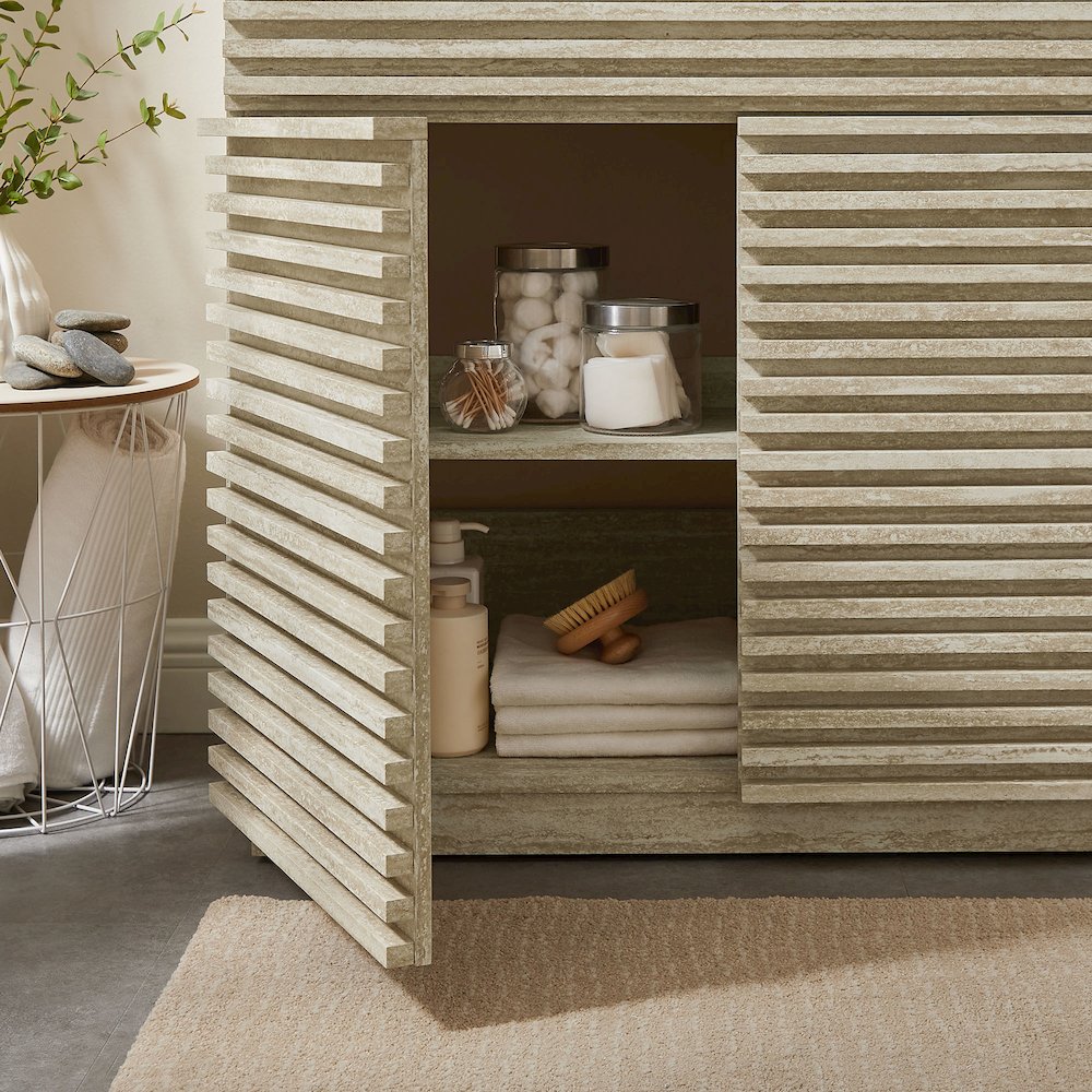 Render 36" Faux Travertine Bathroom Vanity Cabinet (Sink Not Included). Picture 10