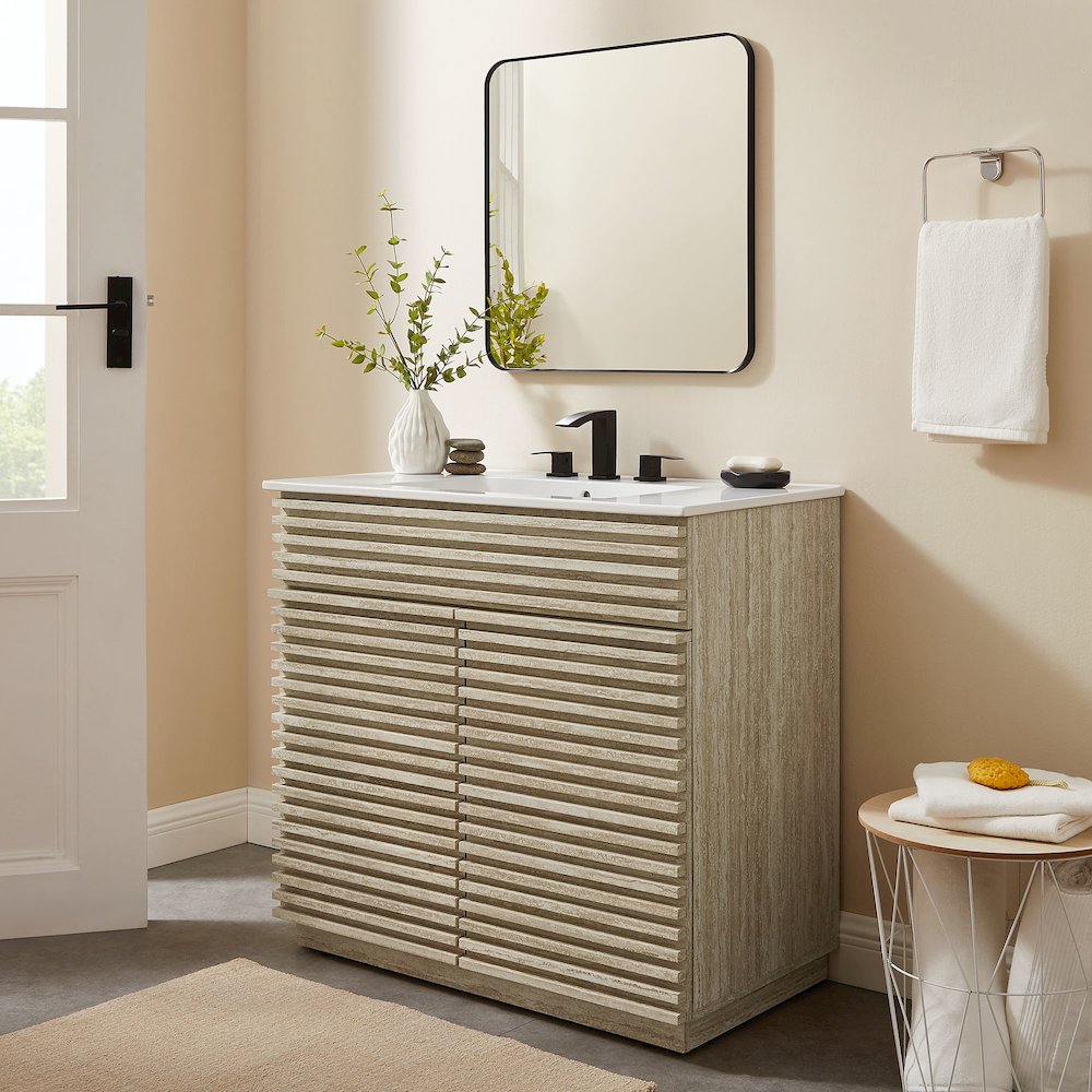 Render 36" Faux Travertine Bathroom Vanity Cabinet (Sink Not Included). Picture 9