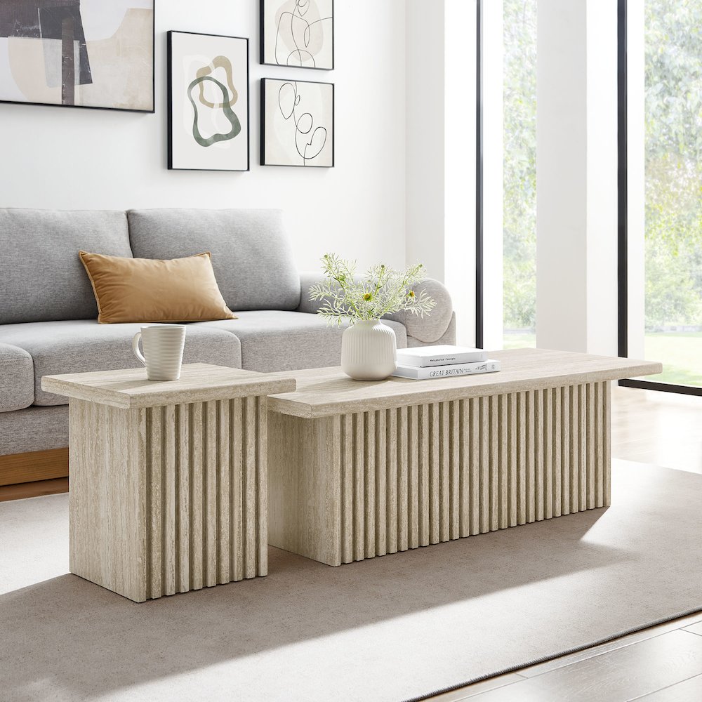 Render Nesting Faux Travertine Coffee Tables Set of 2. Picture 7