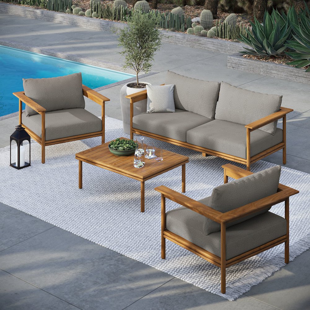 Wren 4-Piece Outdoor Patio Teak Wood Furniture Set. Picture 9
