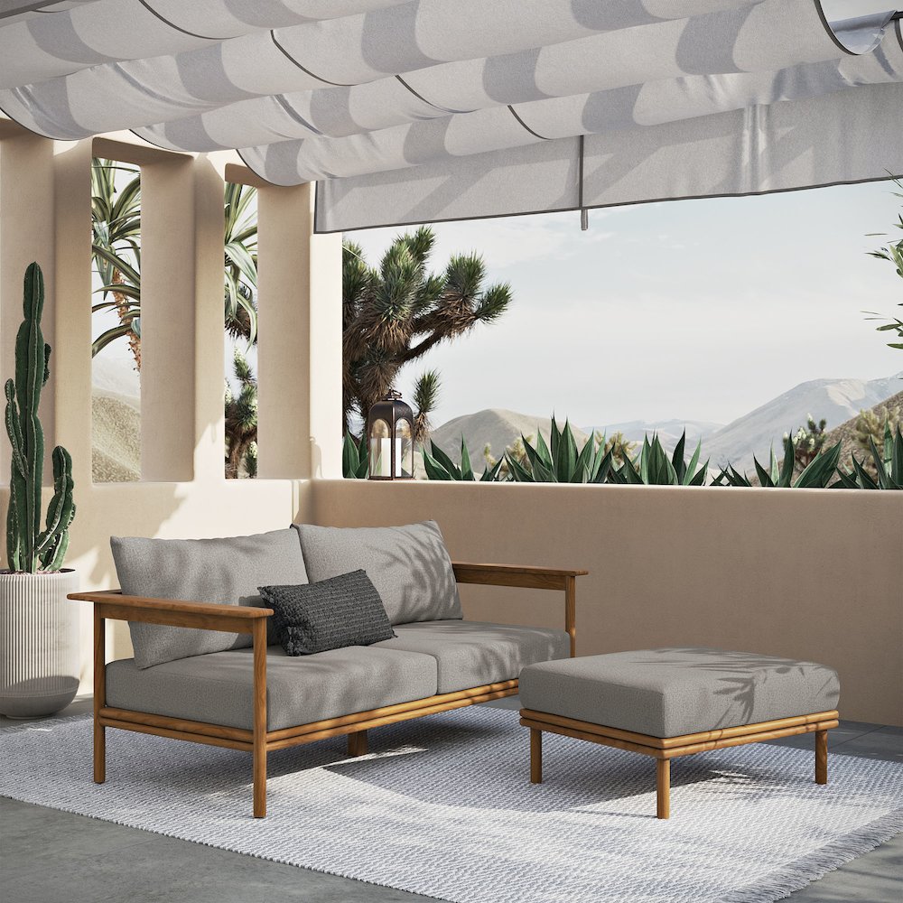 Wren 2-Piece Outdoor Patio Teak Wood Sofa and Ottoman Set. Picture 7