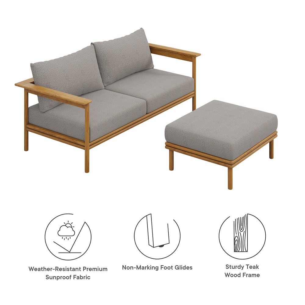 Wren 2-Piece Outdoor Patio Teak Wood Sofa and Ottoman Set. Picture 2