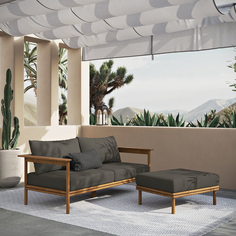 Wren 2-Piece Outdoor Patio Teak Wood Sofa and Ottoman Set. Picture 7
