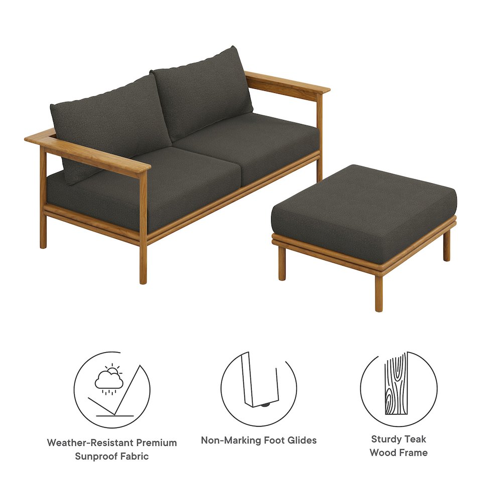 Wren 2-Piece Outdoor Patio Teak Wood Sofa and Ottoman Set. Picture 2