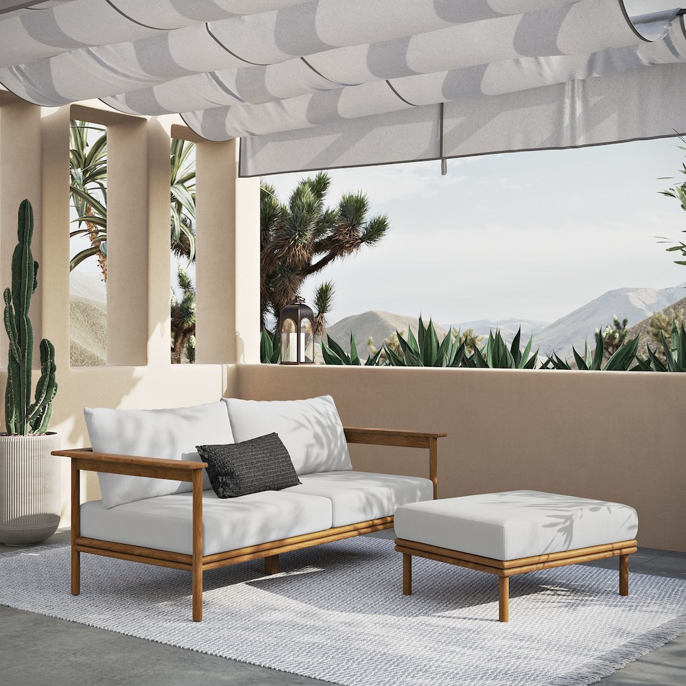 Wren 2-Piece Outdoor Patio Teak Wood Sofa and Ottoman Set. Picture 7