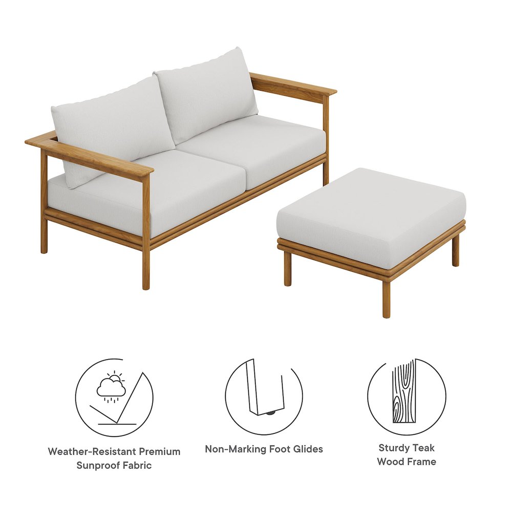 Wren 2-Piece Outdoor Patio Teak Wood Sofa and Ottoman Set. Picture 2