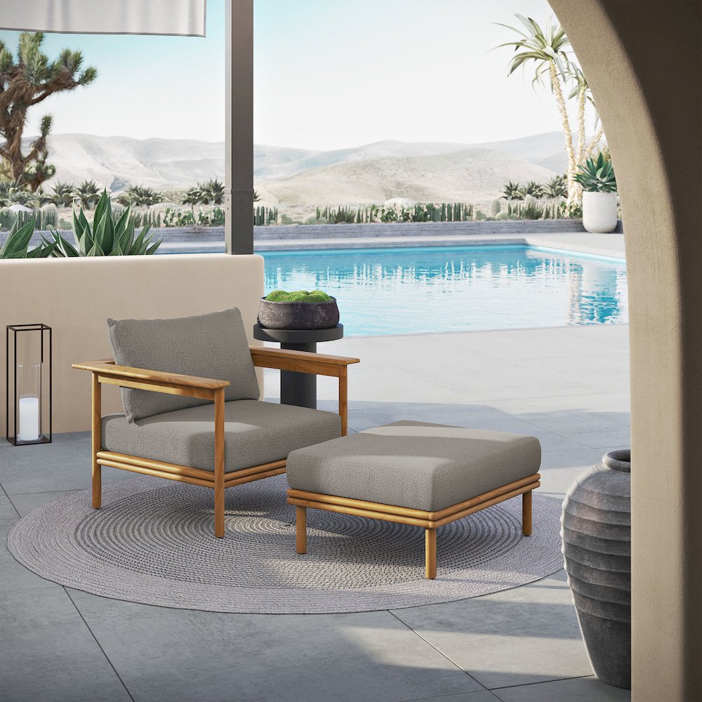 Wren Outdoor Patio Teak Wood Armchair and Ottoman Set. Picture 7