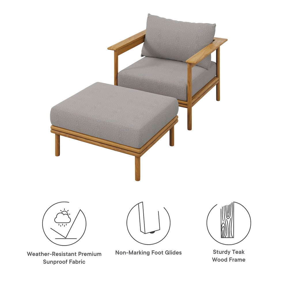 Wren Outdoor Patio Teak Wood Armchair and Ottoman Set. Picture 2