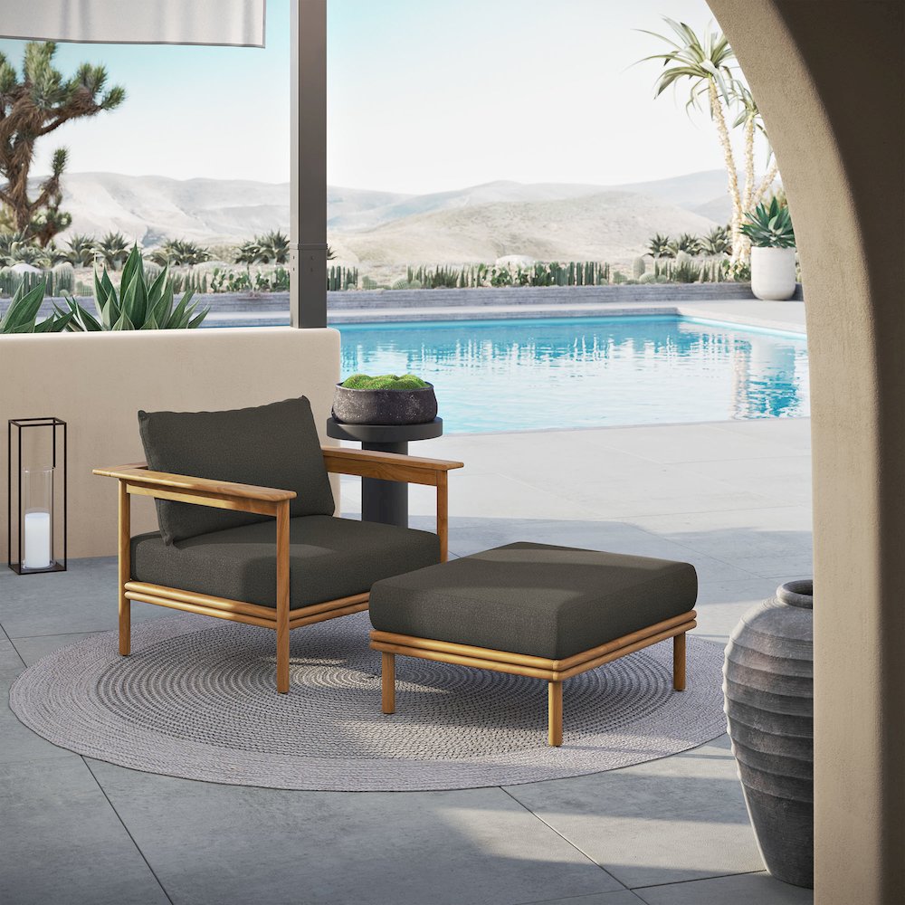 Wren Outdoor Patio Teak Wood Armchair and Ottoman Set. Picture 7