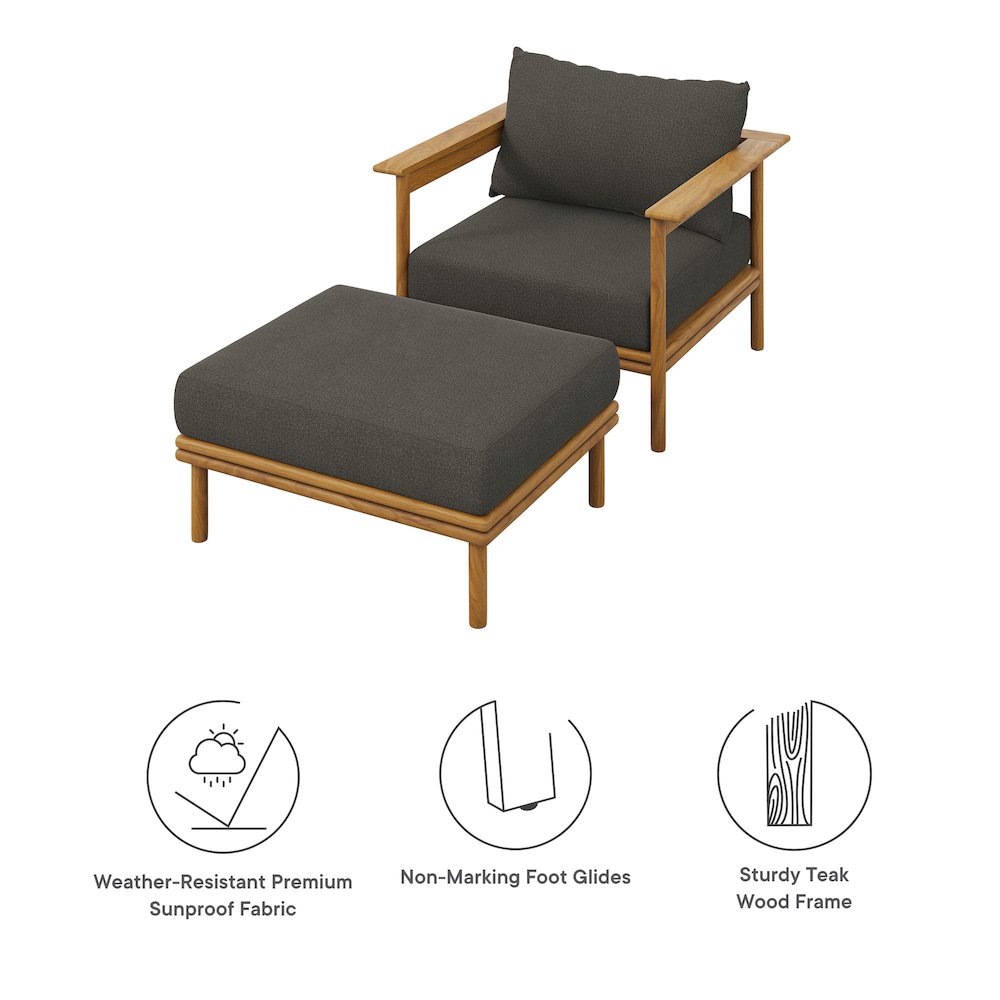 Wren Outdoor Patio Teak Wood Armchair and Ottoman Set. Picture 2