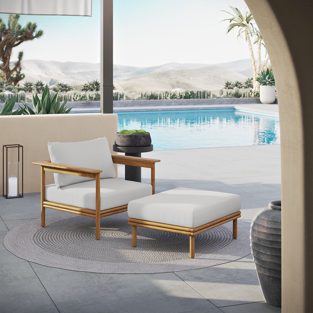 Wren Outdoor Patio Teak Wood Armchair and Ottoman Set. Picture 7