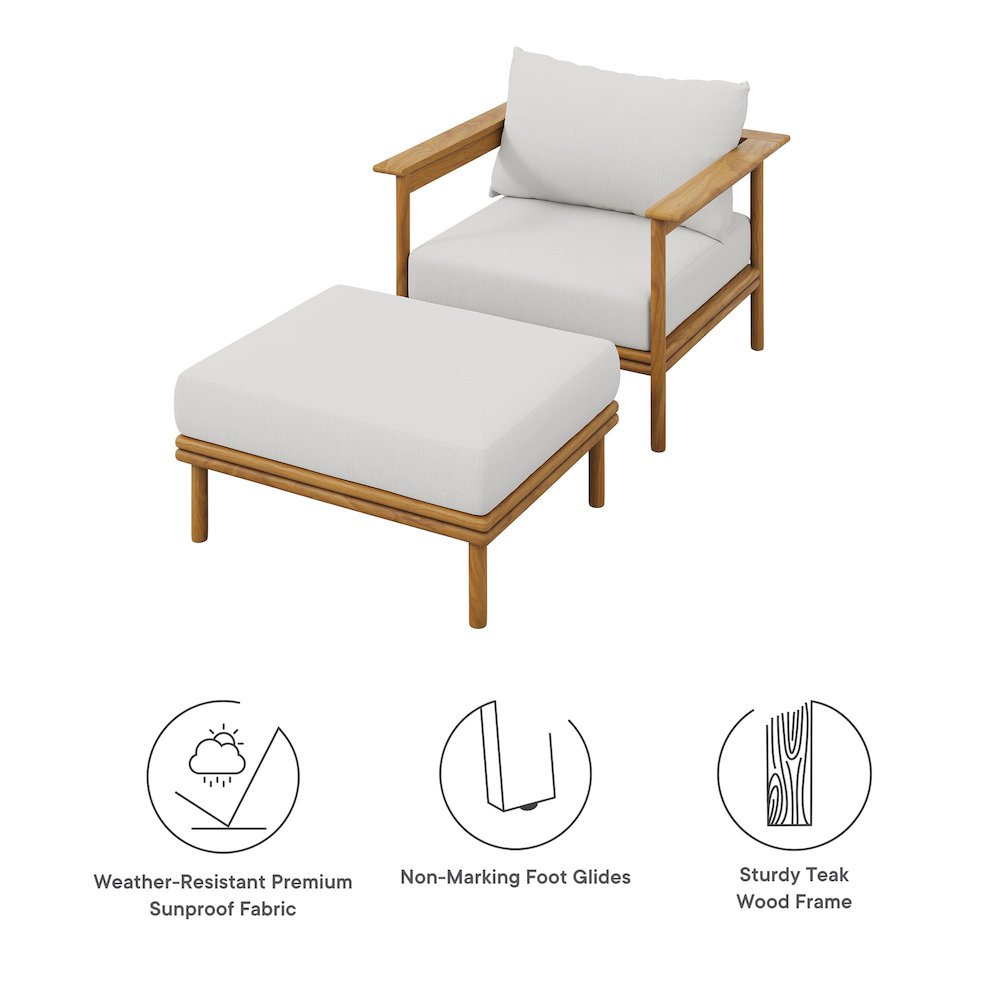 Wren Outdoor Patio Teak Wood Armchair and Ottoman Set. Picture 2