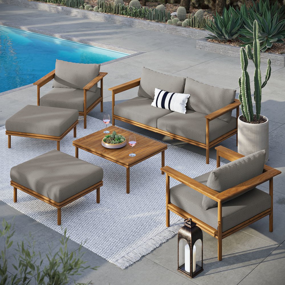 Wren 6-Piece Outdoor Patio Teak Wood Furniture Set. Picture 11
