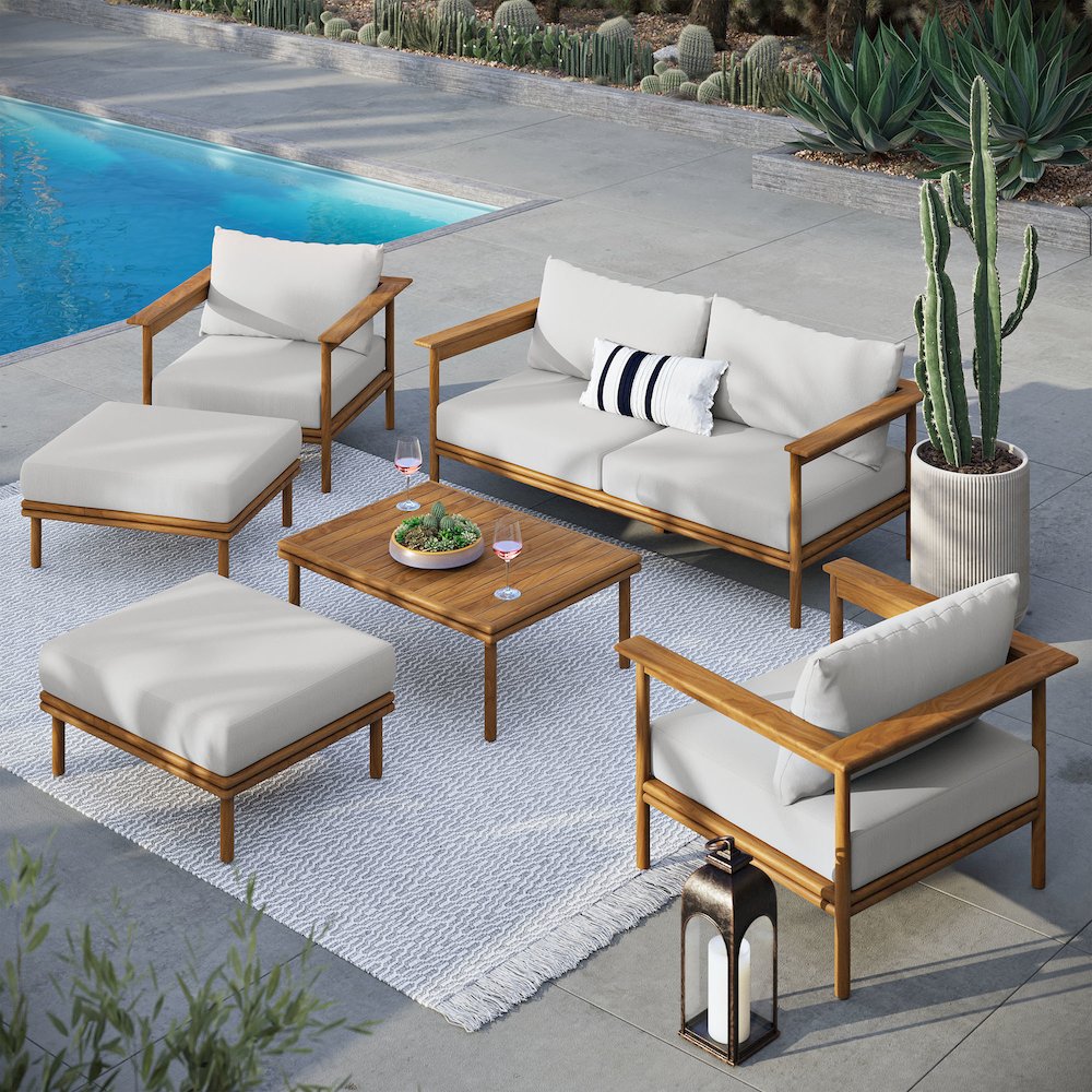 Wren 6-Piece Outdoor Patio Teak Wood Furniture Set. Picture 11