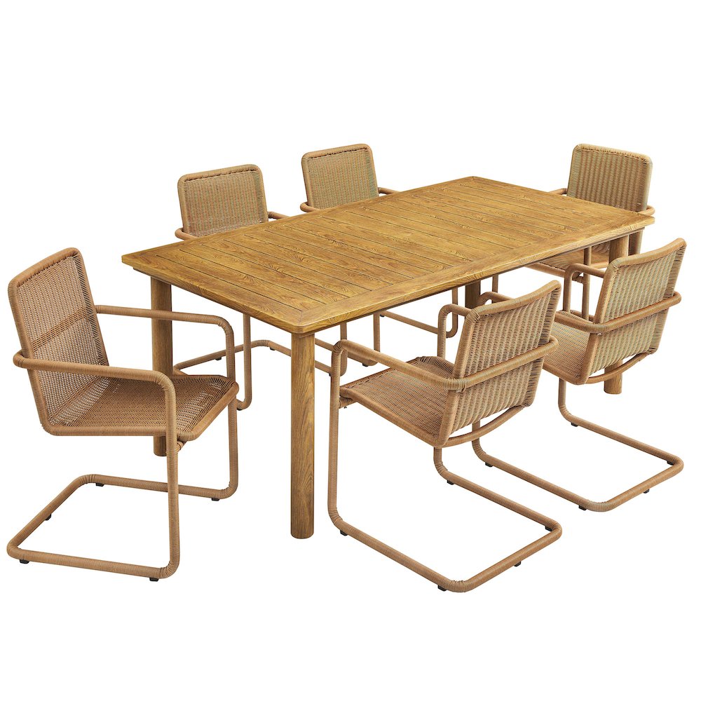 7-Piece Rectangular Outdoor Aluminum Dining Table Set with Rattan Armchairs. Picture 1