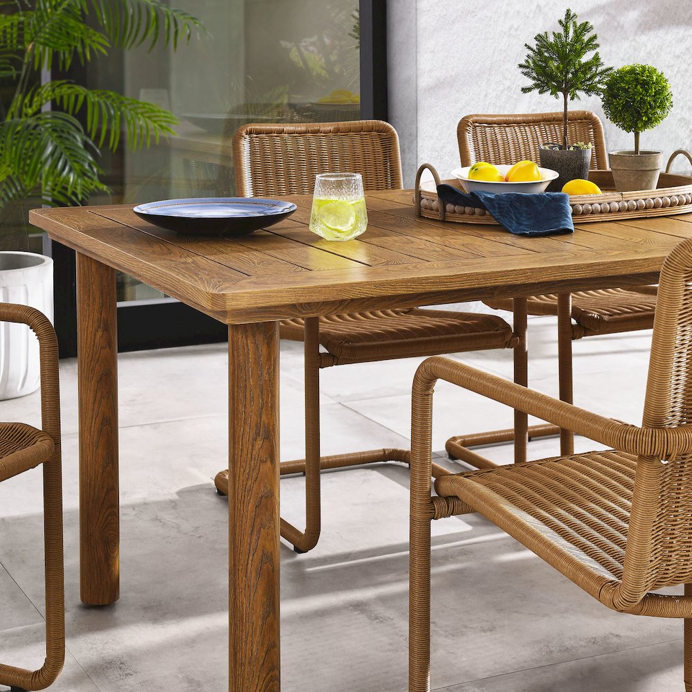 7-Piece Rectangular Outdoor Aluminum Dining Table Set with Rattan Armchairs. Picture 15
