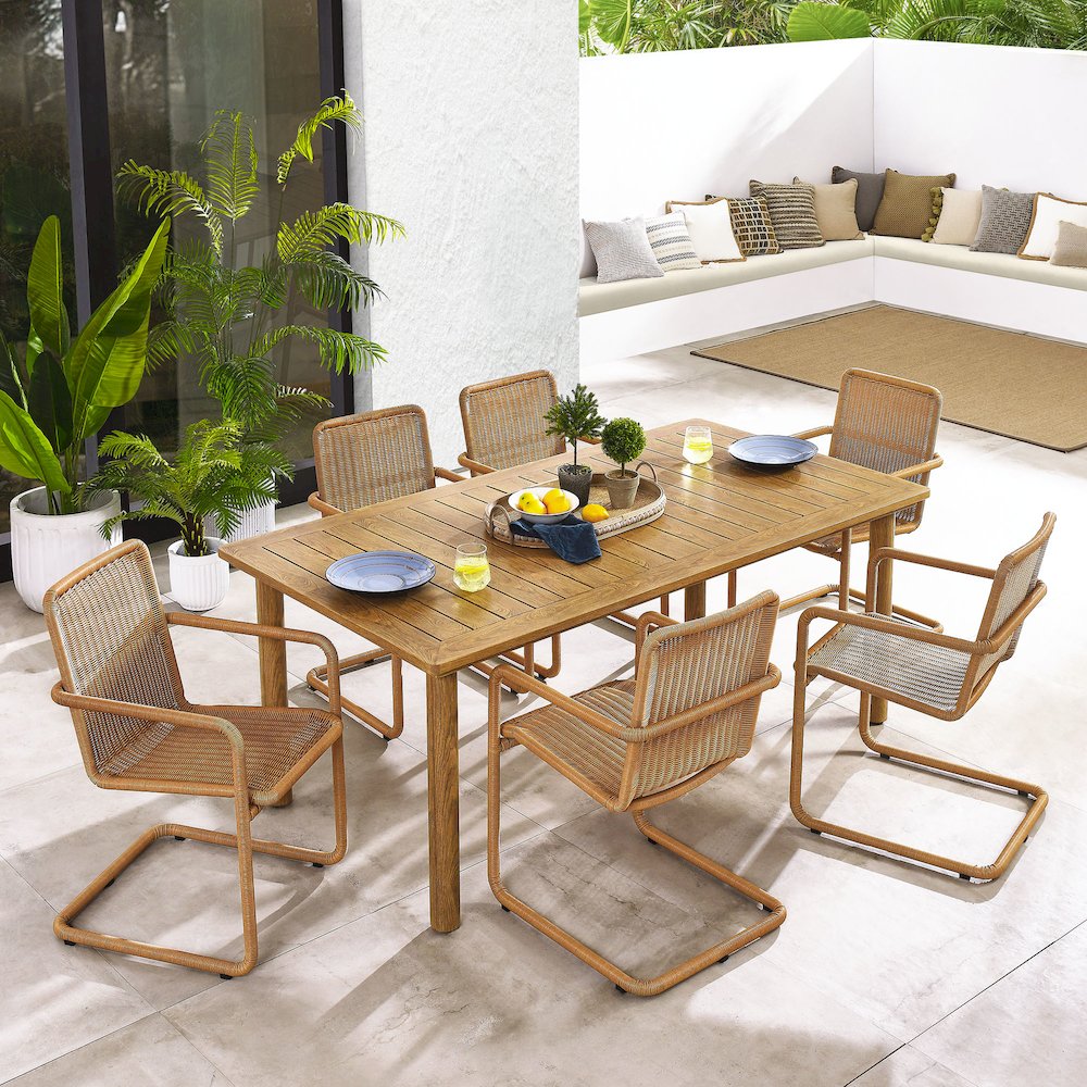 7-Piece Rectangular Outdoor Aluminum Dining Table Set with Rattan Armchairs. Picture 14