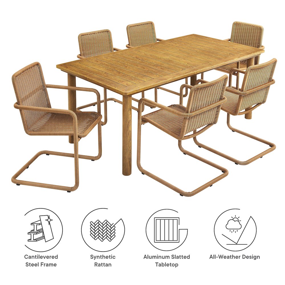 7-Piece Rectangular Outdoor Aluminum Dining Table Set with Rattan Armchairs. Picture 2