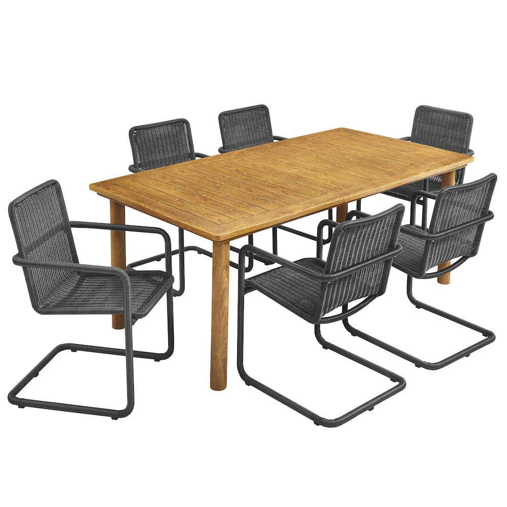 7-Piece Rectangular Outdoor Aluminum Dining Table Set with Rattan Armchairs. Picture 1