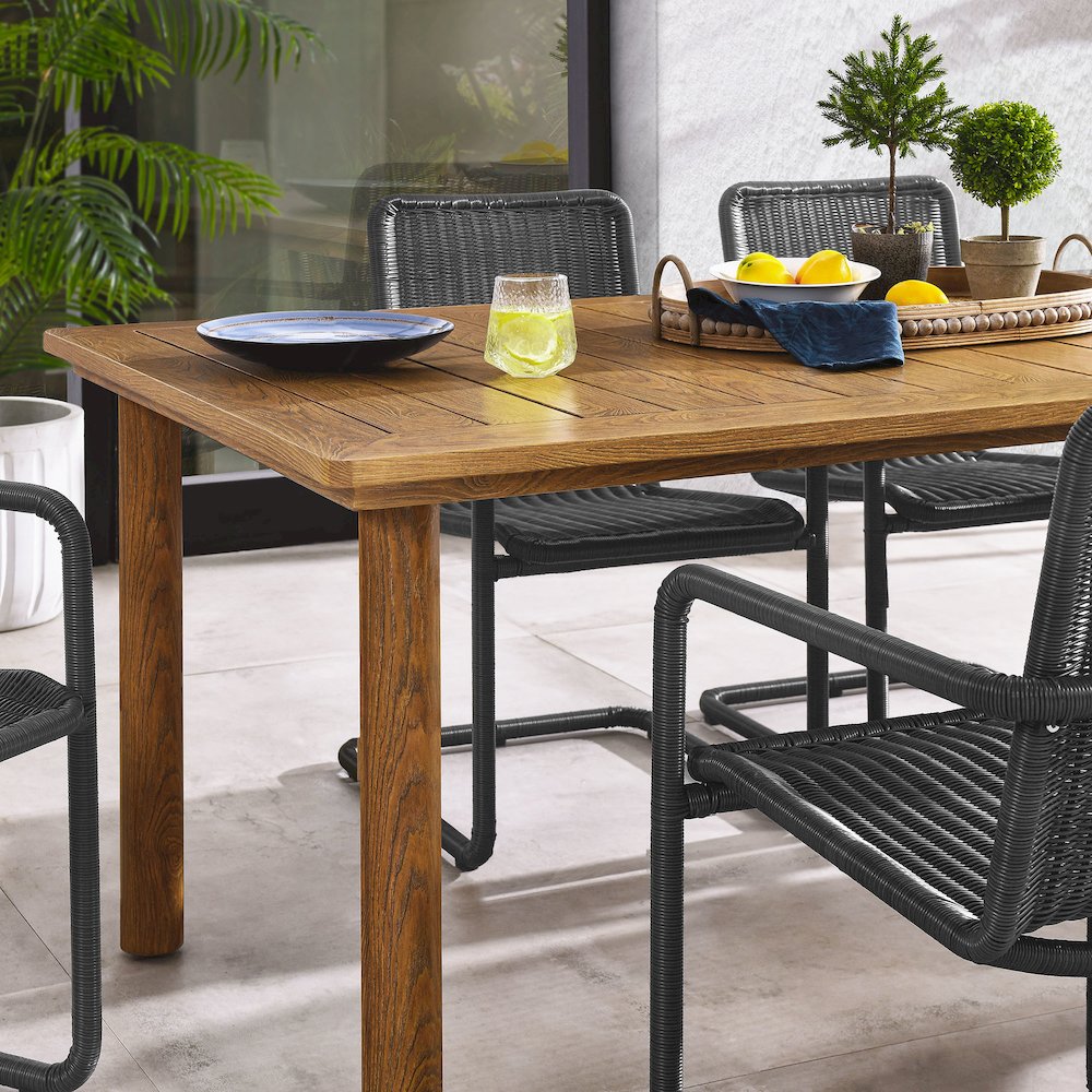 7-Piece Rectangular Outdoor Aluminum Dining Table Set with Rattan Armchairs. Picture 15