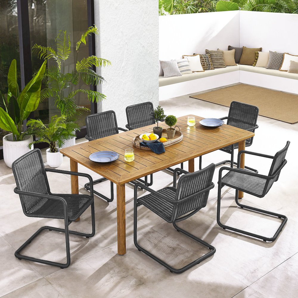 7-Piece Rectangular Outdoor Aluminum Dining Table Set with Rattan Armchairs. Picture 14