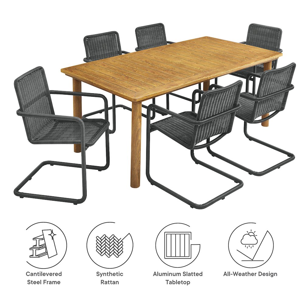 7-Piece Rectangular Outdoor Aluminum Dining Table Set with Rattan Armchairs. Picture 2