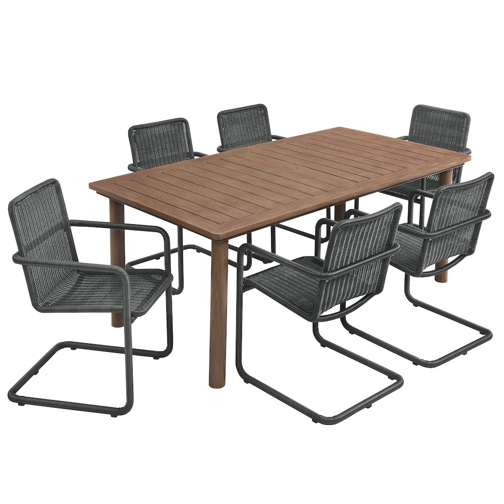 7-Piece Rectangular Outdoor Aluminum Dining Table Set with Rattan Armchairs. Picture 1