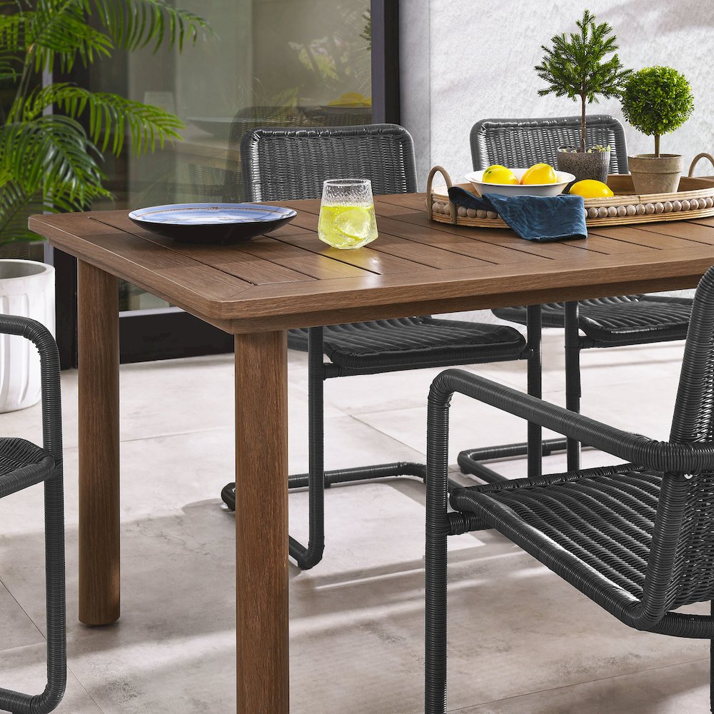 7-Piece Rectangular Outdoor Aluminum Dining Table Set with Rattan Armchairs. Picture 15